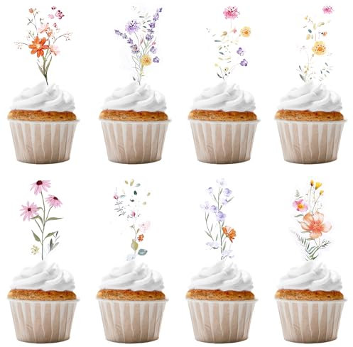BOXOB 40pz Decorazioni per Torte di Fiori Selvatici, Decorazioni Feste Compleanno a Tema Fiori Campo Cupcake Baby Shower Stecchini Cupcake per Ragazze e Donne