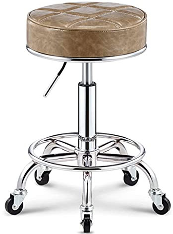Ergonomischer runder Rollhocker aus PU-Leder mit Fußstütze, Drehgelenk, Höhenverstellung für Spa, Salon, Tattoo, Büro, Zeichnung – Stilvoller goldener Arbeitsstuhl