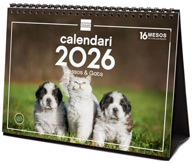 Finocam - Calendrier de bureau 2026 Mois Vue Janvier - Décembre 2026 + Sep.- Déc. 2025 (4 mois) réduits | Calendrier 2026 | Images Chiens et Chats - Catalan