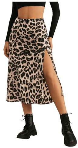 GORGLITTER Women's Leopard Print Flared High Slit Skirts High Waisted A Line Midi Elegant Skirt Khaki Medium
