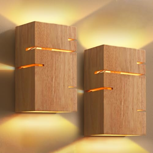 2 Stück Wandleuchte Innen Holz, E27 Vintage Wandlampe 2-Flammig, Quadrat | Up and Down Leuchten Design, Retro Wandleuchten Boho Holz Flurlampen, Dekoration Wandbeleuchtung für Wohnzimmer Schlafzimmer
