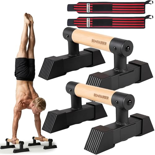 Parallettes Bars for Calisthenics with Wooden Beech Handles | Wrist Support Wrap Included | Heavy-Duty Steel Base | Push-Up, L-Sit, Planche & Handstand Training Bars for Home, Outdoor & Gym Use