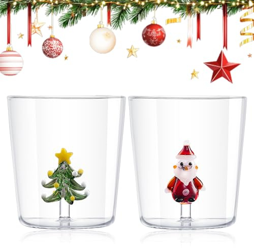 Lot de 2 verres de Noël, 300 ml, en verre, motif sapin de Noël, tasses à café, tasses de Noël avec sapin de Noël/Père Noël pour vin, eau, lait