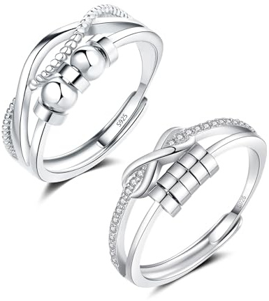 Lynizo Anxiety Ring, 2PCS 925 Sterling Silber Stress Ring Set für Damen | Liebespaar Verstellbar Anti Stress Ringe, Angst Ringe mit Perlen Zirkon, Paar Romantisch Dekompressionsringe für Frau Herren