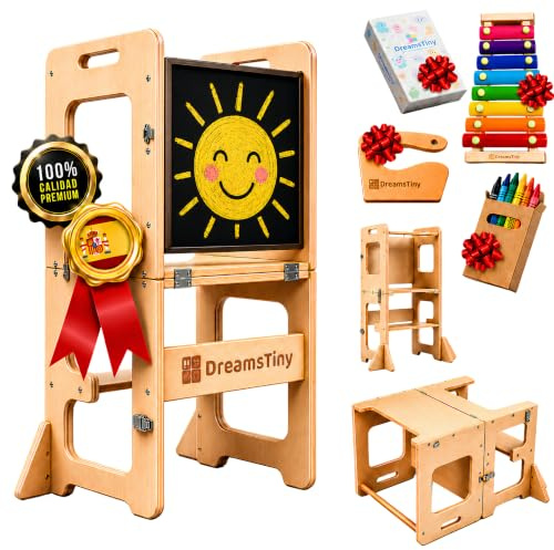 DreamsTiny Torre de Aprendizaje Plegable 3 en 1, +18 Meses, Antivuelco | Incluye Xilófono, Libro para Colorear, Caja de Lápices, Cortador y Kit de Montaje, Torre Aprendizaje Montessori