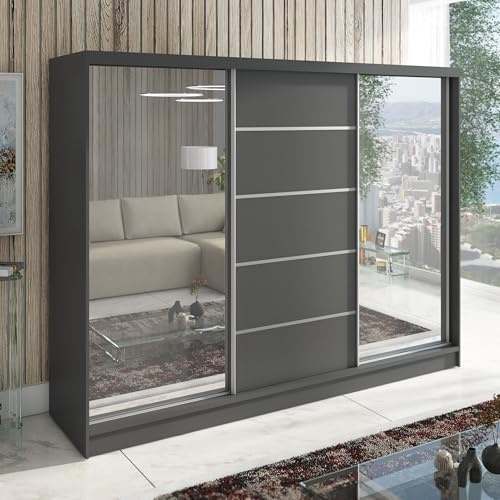 A&J MöbelLand Schwebetürenschrank TOP Kleiderschrank 3-türig 200 cm mit Spiegel und Schubladen, moderner Schlafzimmerschrank mit Schiebetüren (Graphit)