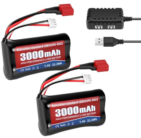 7.4V 3000mAh Li-Ion Akku mit T-Stecker, Wiederaufladbare RC Batterie mit Ladegerät, Kompatibel mit 1/10 1/12 1/16 RC Auto, RC Boot, RC Truck, Hochleistungsakku (2 Stück)