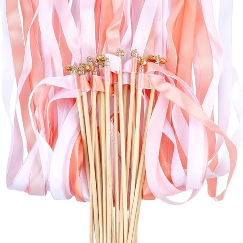 WADORN 50Pcs Ribbon Wedding Sparklers Wand, Wedding Send Off Ribbon Streamers Sticks with Bells Silk Fairy Stick Wands 24.6'' Long for Party Holiday Activities Reception Celebration(Orange and White)