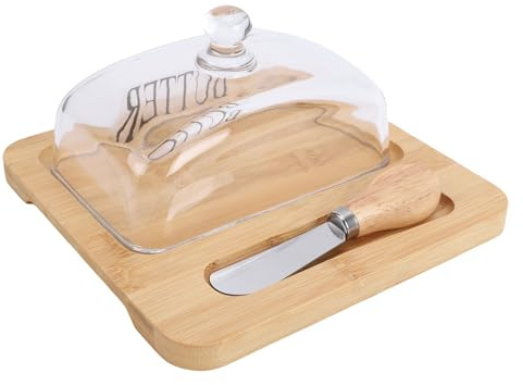 Sxhlseller Mantequera de Madera con Tapa de Vidrio, Contenedor de Crema con Cubierta de Vidrio y Cuchillo, Contenedor de Mantequilla para Mantequilla, Queso Crema y Pastel de Postre (Madera Natural)