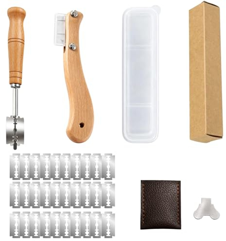 GuBaoZhuo Teigmesser, 6 Stück Kitchen Baker Ersatzklingen Set Muster mit 30 Klinge, Brot Einschneidemesser Mit Rutschfestem Holzgriff FüR Gerade Und Geschwungene Schnitte, Diy Brotteig