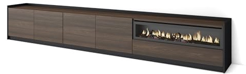 Skraut Home | Mueble TV | Muebles de salón, almacenaje | 310x50x37 cm | para televisión hasta 80 | Chimenea eléctrica | Estilo Moderno | Roble Oscuro y Negro