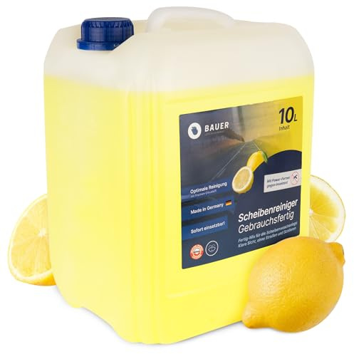 Bauer Blue Scheibenwischwasser Sommer 10L gebrauchsfertig für Scheibenwaschanlage - Insektenentferner im Sommer - Mit Kalkschutz & frischem Citrusduft - Scheibenreiniger Made in Germany