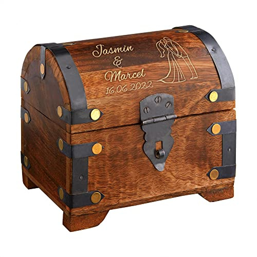 Casa Vivente Große Geld-Schatztruhe mit Gravur, Motiv Brautpaar, Personalisiert mit Namen und Datum, Schmuckkästchen aus dunklem Holz, Verpackung für Geldgeschenke, Hochzeitsgeschenke für Paare