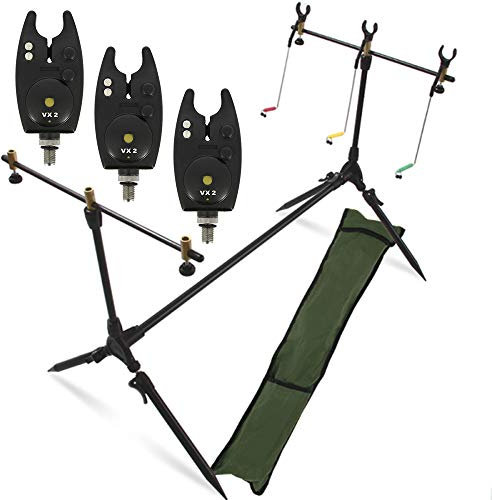 G8DS® Set Rod Pod Rutenhalter + Tragetasche inklusive 3 Bissanzeiger mit Lautstärke- und Tonregler Karpfen Angeln