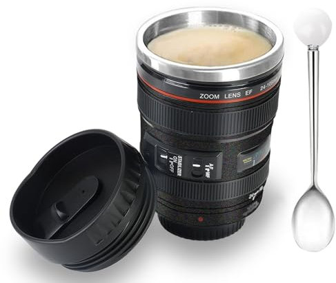 Tazza da caffè divertente a forma di obiettivo per fotocamera da 350 ml con coperchio | Tazza da viaggio termica per bevande calde e fredde Colore nero