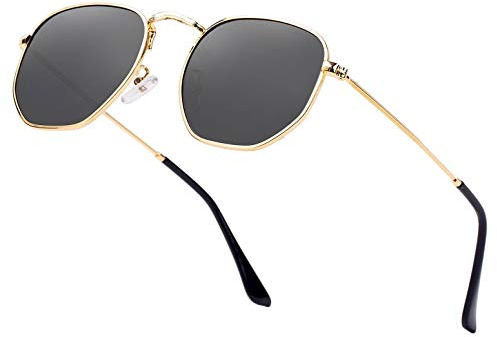 Hipster Hexagonal Polarized Sunglasses Men Women Geometric Square Small Vintage Metal Frame Retro Shade Glasses (Gold Black)