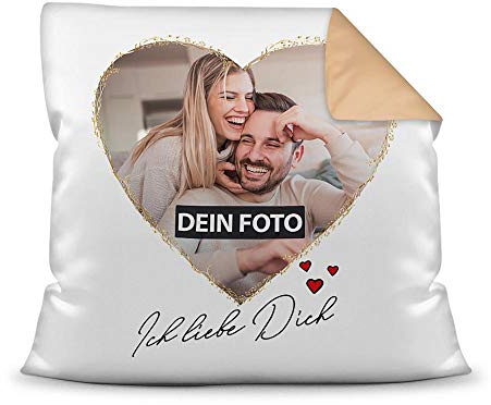 Print Royal Fotokissen inkl. Füllung mit Spruch - Ich Liebe Dich - zum Selbst Gestalten mit Wunschfoto im Herz - für den Partner, die Partnerin -Farbkissen Rückseite Beige, 40 x 40 cm