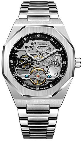 Tourbillon Design analog automatisk klocka i rostfritt stål mekaniskt skelett manlig klocka, Silversvart