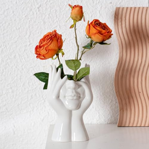 Romehaha Blumenvase mit Gesicht, weiße Keramik-Körpervase, dekorative Vase, Esstisch-Mittelstück, moderne kleine Vase für Couchtisch, Badezimmer, Regal, Wohnzimmer, Dekoration, 11,4 cm B x 22,6 cm H