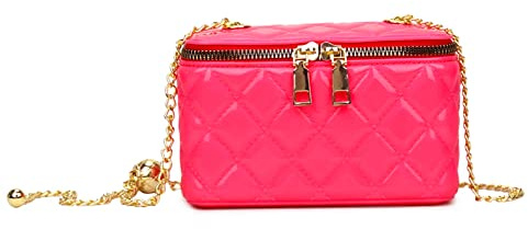 LeahWard Women's MINI Quilted Clutch Bag Patent Chain Strap Purse Pouch Wedding Handbag (Neon Fuchsia)