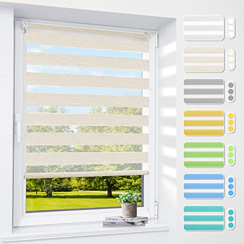 Doppelrollo klemmfix ohne Bohren & mit Bohren, 60x120cm (BxH) Stoffbreite 60 cm Natur, 3-in-1 Duo Rollo für Fenster & Tür, Fensterrollo innen lichtdurchlässig & verdunkelnd, Klemmrollo Rollos