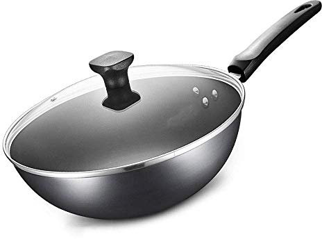 Wok Fry Pan Non-Stick Pan Fine Iron Round Bottom Wok Frying Pan with Glass Cover Anti-Warp Base Coated with New Teflon Dishwasher Safe 32CM Frying Pan