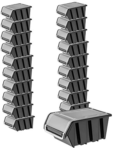 KADAX Scatola impilabile con coperchio, in plastica PP, scatola portaoggetti, in diverse dimensioni e colori, con patta per parete degli attrezzi (nero, 20 pezzi, 155 x 100 mm)