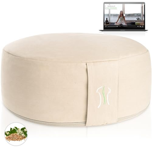 BACKLAxx® Yoga Kissen Meditationskissen XL rund, Sitzkissen Boden | Yogakissen rund Ø35 cm [+30% Sitzfläche], 15 cm hoch, Buchweizenfüllung & waschbarer Bezug, Bodenkissen groß für Meditation