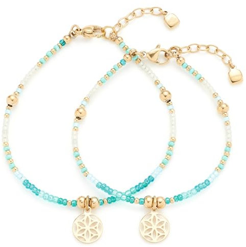 JEWELS BY LEONARDO Armband Fiore Mutter & Tochter • Arm-Ketten Set aus goldfarbenem Edelstahl • türkisfarbene Miyuki-Glasperlen und Edelstahl-Perlen mit kleinem Anhänger • Schmuck Geschenk • 023157