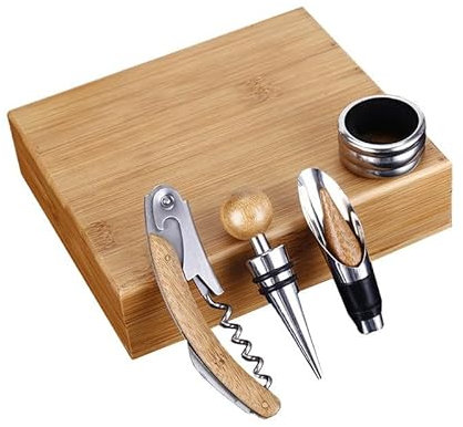 Mabouteille® - Caja de vino personalizable con sacacorchos de doble palanca, anillo de stop-gotes, tapón de goteo y tapón metal… [Accesorios para vino] (madera)