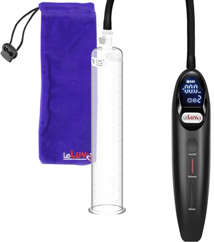LeLuv Magna Rechargeable Electric Penis Pump - Premium 9 x 1.75 Round Diameter Flange Acrylic Cylinder with LCD Smart Display - Handheld Male Vacuum Pump with Swift-Disconnect Function, Black