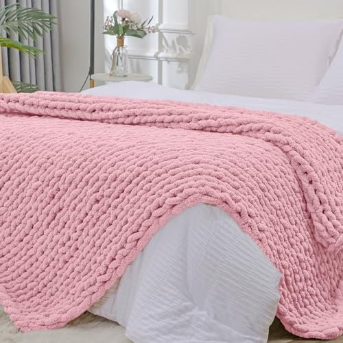 Bigacogo Tjock stickad filtöverkast 102 cm x 203 cm, 100 % handstickad chenille prydnadsfilt, stor mjuk tjock garnkabel stickad filt, stor repknut virkad filt för bäddsoffa (rosa)