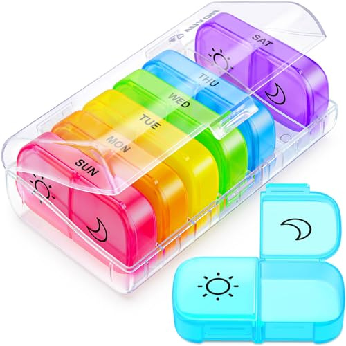AUVON Pill Box Organiser, XL Weekly Pill Box 7 Day 2 Times a Day with One-Side Large Opening Design for Easy Filling, Tablet Organiser with Black Privacy Protection for Medication/Vitamins/Fish Oils