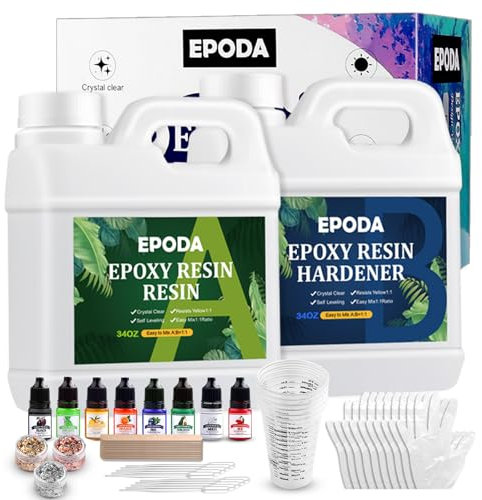 EPODA Epoxy Resin Kit and Hardener 68oz/2L, Bubble Free Casting, Clear Resin for Crafts with Measuring Cups, Sticks, Gloves, Pigment and Dropper Pipette