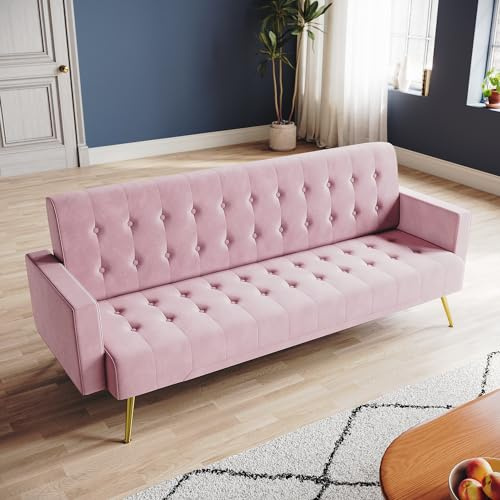 ZANOFIRA 3 Seater Click Clack Sofa, Pink Luxury Velvet Mid Century Modern Couches w/Square Armrest Comfy Small Sofas for Living Room, Bedroom, Apartment, Home Office