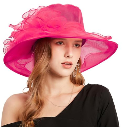 ZESLIV Damenhut Organza Hut Party Hochzeit Anlasshut Brauthut Sonnenhut mit Blumen Sommerhut Sonnenschutz Strandhut, Roserot