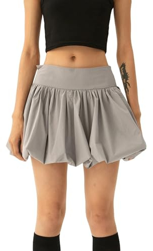 Owegvia Mini jupe à bulles pour femme, style décontracté, couleur unie, taille élastique, jupe de plage, vacances, jupe ballon évasée, gris, 40
