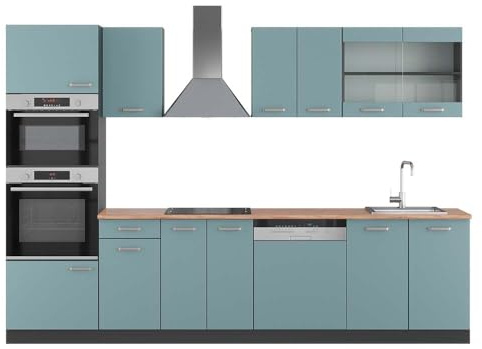 Vicco Küchenzeile R-Line, Blau-Grau/Anthrazit, 300 cm mit Hochschrank, AP Eiche