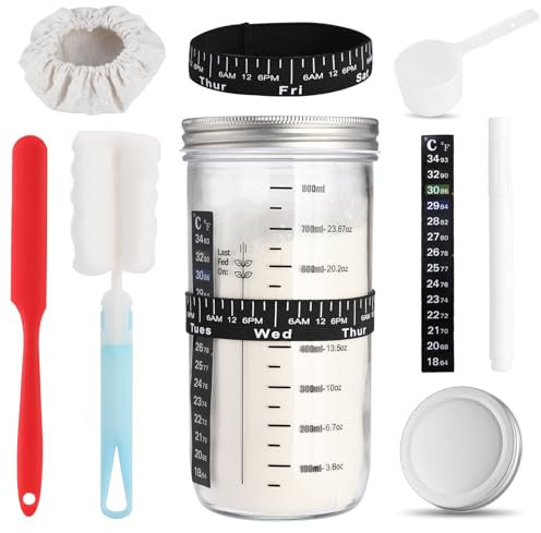 ZUYIST 1000ml Sauerteig Starter Set mit Skala, Fermentierglas mit Deckel, Sauerteig Glas Mit Messband und Rührstab aus Silikon, Fermentieren Starter Set Zum Backen von Sauerteigbrot
