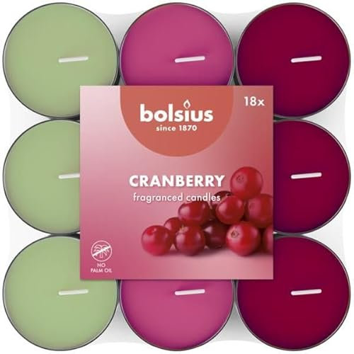 Bolsius - 18 Scented Tealights - Cranberry - Burn time of 3.5 Hours - Diameter 38 mm – Natural Extracts – Contains Vegan Wax – Palm Oil-Free