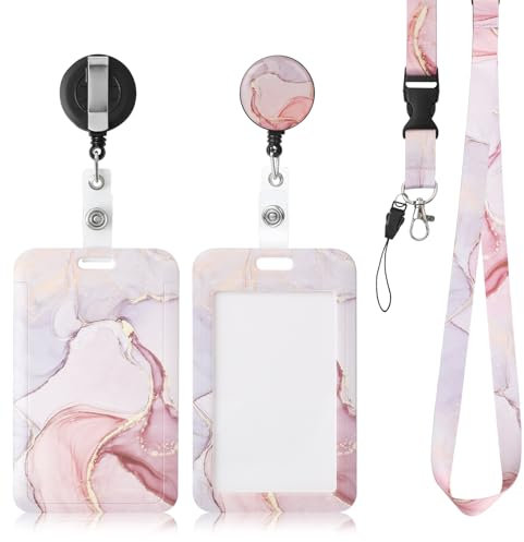 AiQInu Ausweishülle mit Band, Kartenhalter mit Schlüsselband, mit Einziehbaren Badge Reel Karabiner Clip & Abnehmbare Lanyard Strap, für Frauen, Lehrer, Krankenschwester, Doktor, Student (Rosa)
