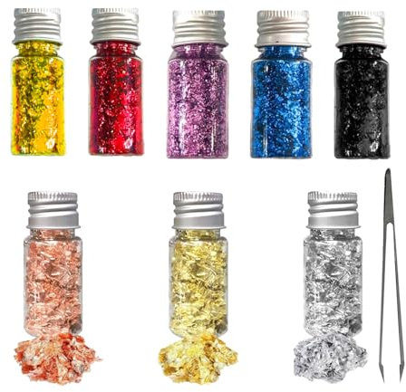 8 Flaschen Dekorative Blattgoldflocken Set,Ungenießbar Blattgold Blättchen mit Pinzette,Bunte Folien Farbenfrohe Blattgoldflocken für die Malerei Kunsthandwerk und Nageldesign