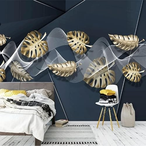Luowenji Papier Peint Panoramique Feuilles Dorées Abstraites 400x280 cm 3D Papier Peint Intissé Monstera Délicieuse Photo Trompe l'oeil Poster Geant Mural Salon Chambre Enfant Chambre Murale a.5942