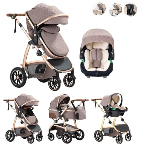 Kakbgee 3 in 1 Passeggino Combinato, Passeggino per Bambini con ECE R129 Seggiolino Auto, Telaio in Alluminio ad alto Campo visivo Carrozzina (22KG, 0-4 Anni)