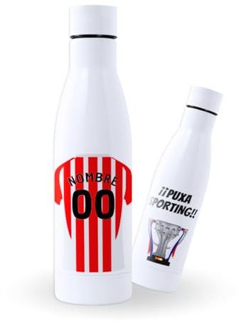 DEREGALOOS Botella de agua de Acero Inoxidable Personalizada equipo de Fútbol 2 División. Botella termo personalizada deportiva. 500 ml Regalo Original para Aficionados del Futbol. (Sporting)