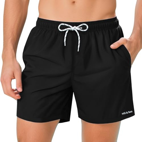 Hill & Sea badbyxor herr snabbtorkande boardshorts för män ventilerande vattenavvisande badshorts med nätfoder fickor och justerbar dragsko, svart, L