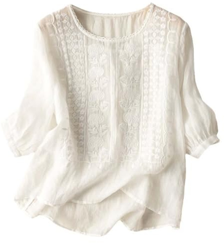 Camiseta de algodón y lino para mujer, parte superior casual de manga corta con ajuste holgado, Blanco, XL