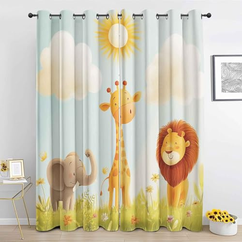 Karikatur Löwe Elefant Giraffe Vorhang, Afrikanische Wildtier Gardinen mit Ösen 2er Set Verdunkelungsvorhang - Kinder Vorhänge, Wohnzimmer Schlafzimmer Kinderzimmer Blickdichte vorhänge, 183x214 cm