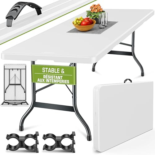 tillvex® Gartentisch klappbar Kunststoff 220x70cm Wetterfest + Tragegriff | Buffettisch für Garten, Terrasse, Camping & Balkon | Campingtisch 10 Personen | Kunststoff Klapptisch Balkontisch Polyrattan