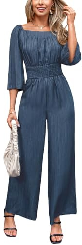 CUPSHE Women's One Piece Jumpsuits Dressy 3/4 Sleeve Square Neck Overalls Wide Leg Pants Rompers Vacation Outfits Navy Blue L